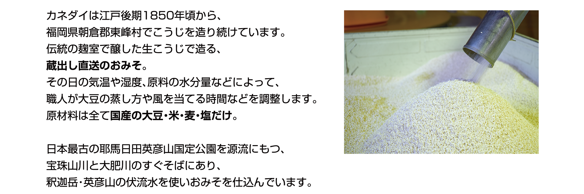 カネダイは江戸後期1850年頃から、福岡県朝倉郡東峰村でこうじを造り続けています。伝統の麹室で醸した生こうじで造る、蔵出し直送のおみそ。その日の気温や湿度、原料の水分量などによって、職人が大豆の蒸し方や風を当てる時間などを調整します。原料は全て国産の大豆・米・麦・塩だけ。日本最古の耶馬日田英彦山国定公園を源流に持つ、宝珠山川と大肥川のすぐそばにあり、釈迦岳・英彦山の伏流水を使いおみそを仕込んでいます。
